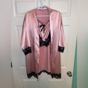 Pink Satin Lace Trim Robe and Chemise Set